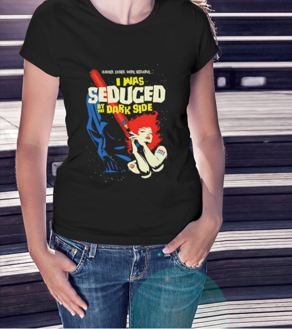 I Was Seduced By The Dark Side Cartoon Darth Vader And Redhead Woman T-Shirt