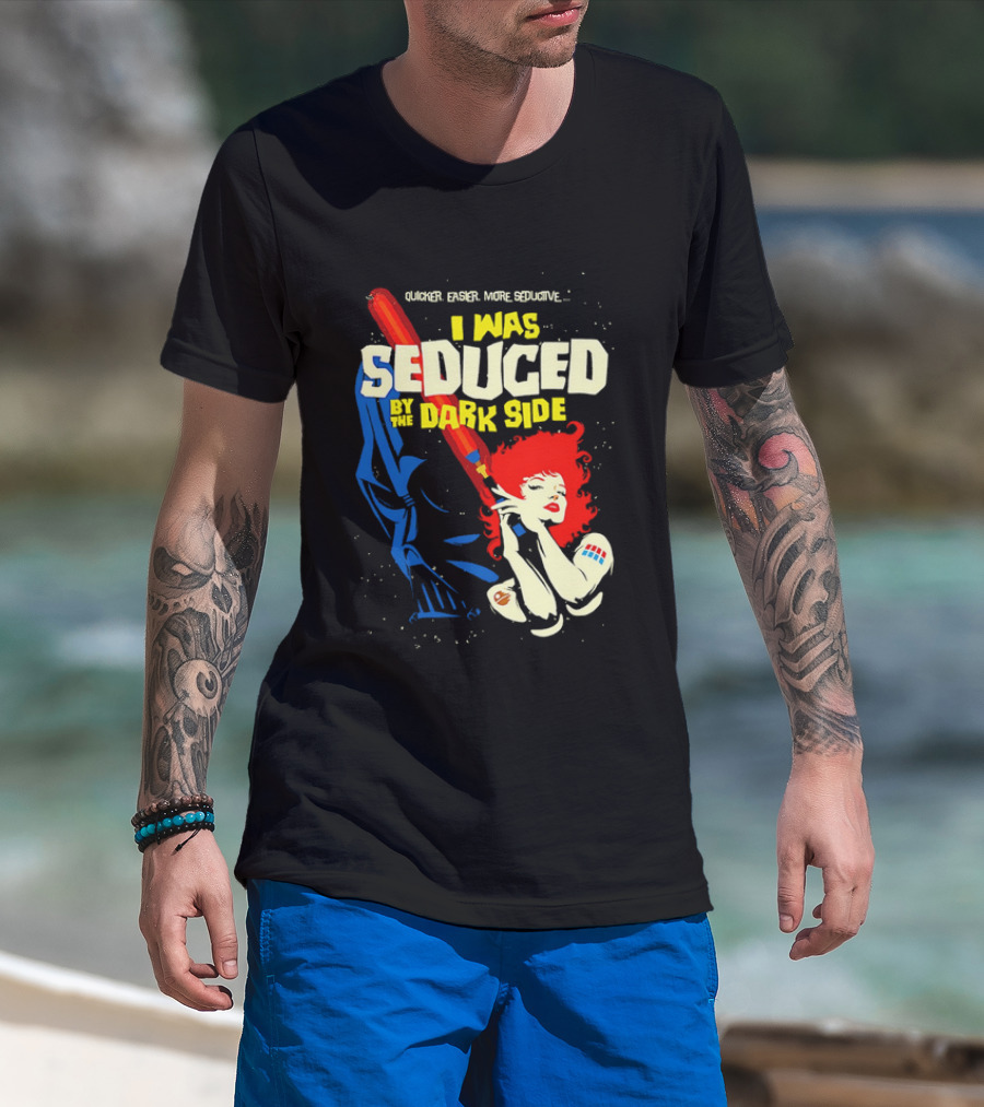 I Was Seduced By The Dark Side Cartoon Darth Vader And Redhead Woman T-Shirt