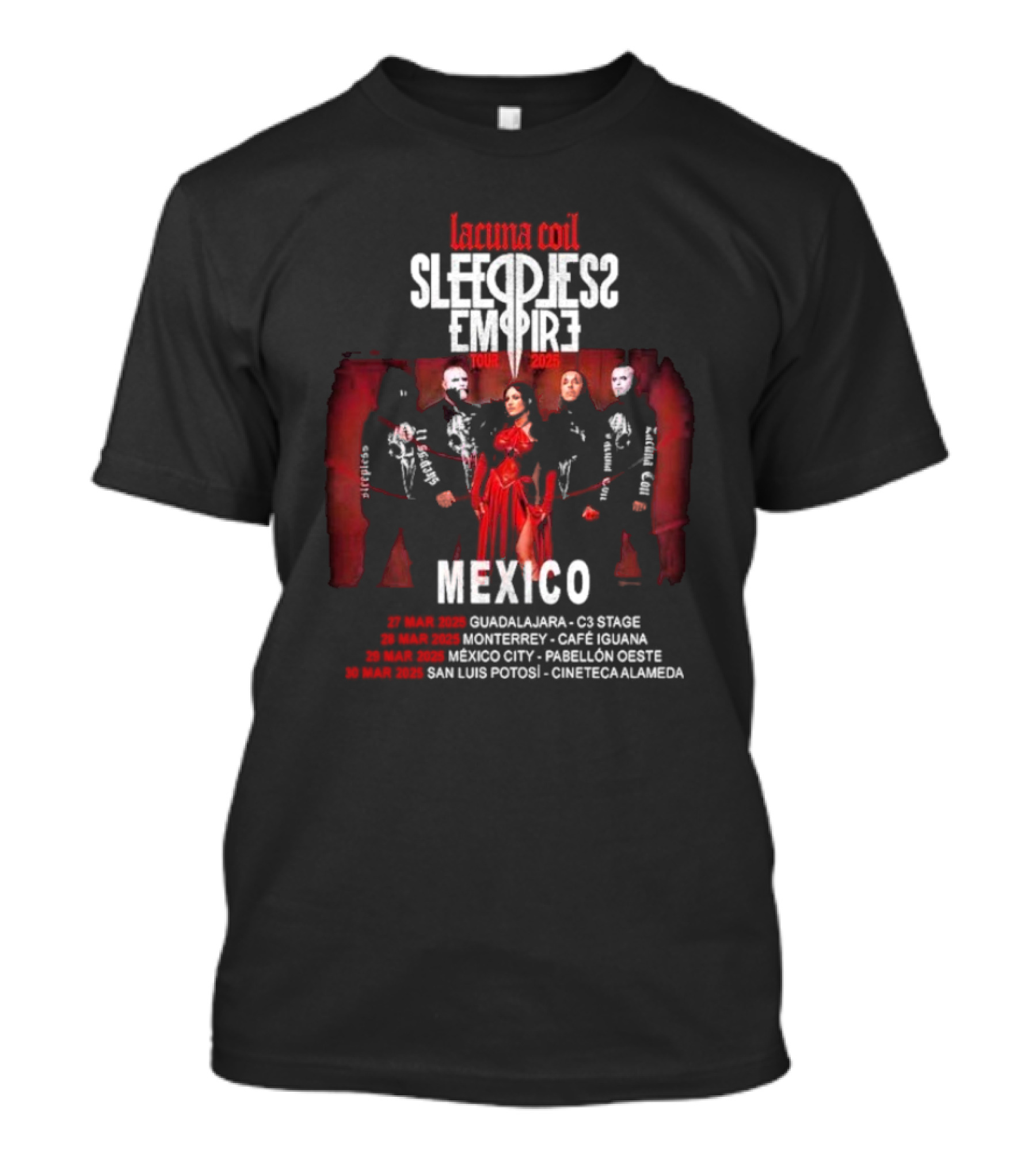 Lacuna Coil Sleepless Empire Tour 2025 Mexico Guadalajara Monterrey Dates T-Shirt