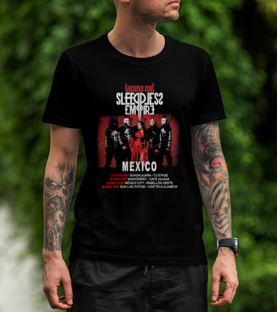 Lacuna Coil Sleepless Empire Tour 2025 Mexico Guadalajara Monterrey Dates T-Shirt