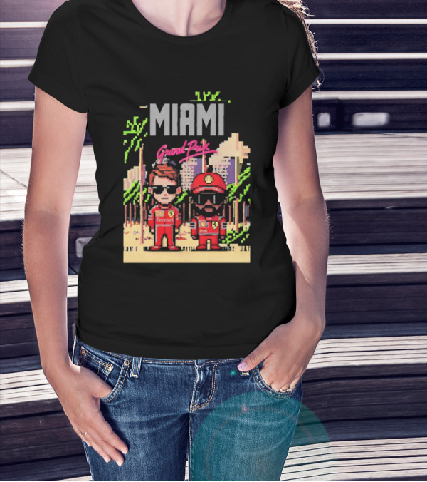 Lewis Hamilton Charles Leclerc Ferrari Team Pixel Style Miami Grand Prix 2025 T-Shirt
