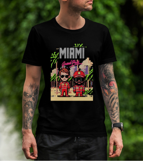 Lewis Hamilton Charles Leclerc Ferrari Team Pixel Style Miami Grand Prix 2025 T-Shirt