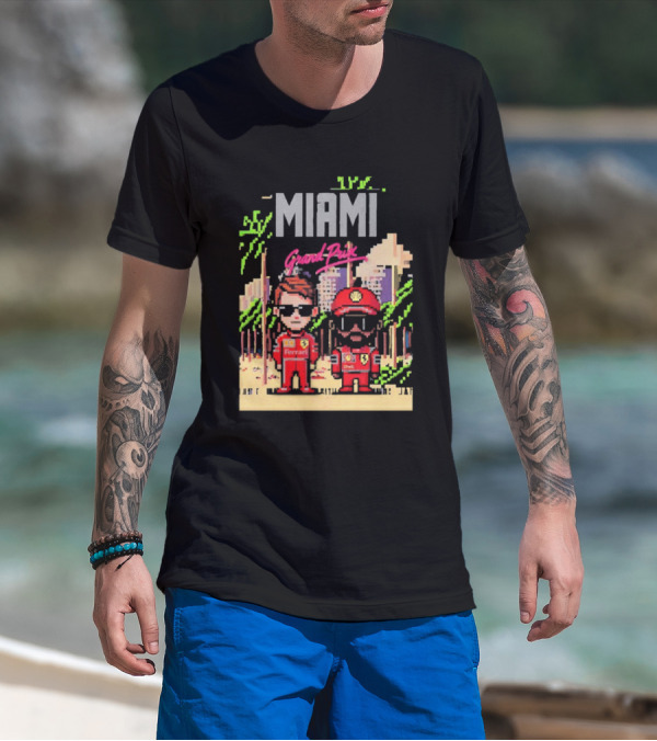 Lewis Hamilton Charles Leclerc Ferrari Team Pixel Style Miami Grand Prix 2025 T-Shirt