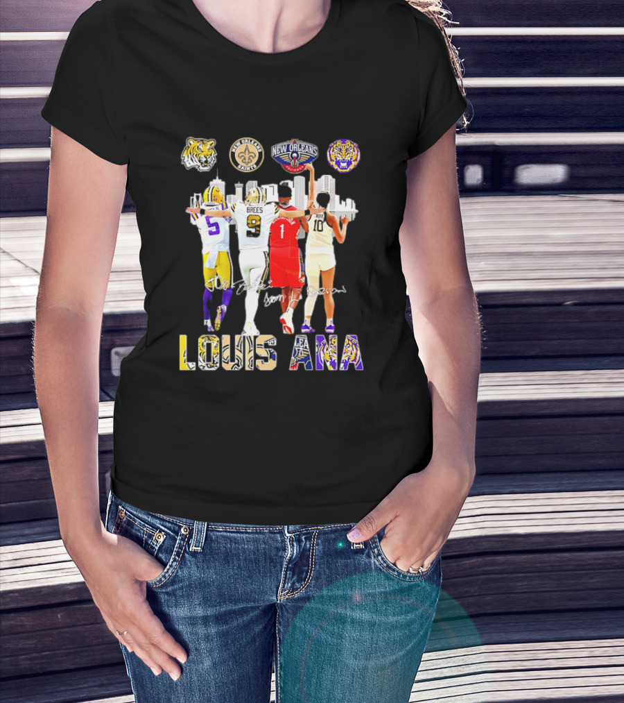 Louisiana Sports Teams 2025 Signatures Skyline Drew Brees Tiger Saint Pelican LSU T-Shirt