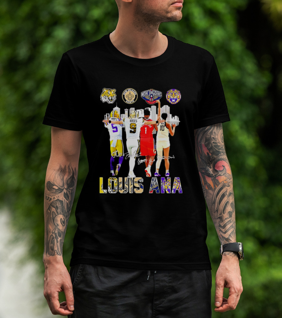 Louisiana Sports Teams 2025 Signatures Skyline Drew Brees Tiger Saint Pelican LSU T-Shirt