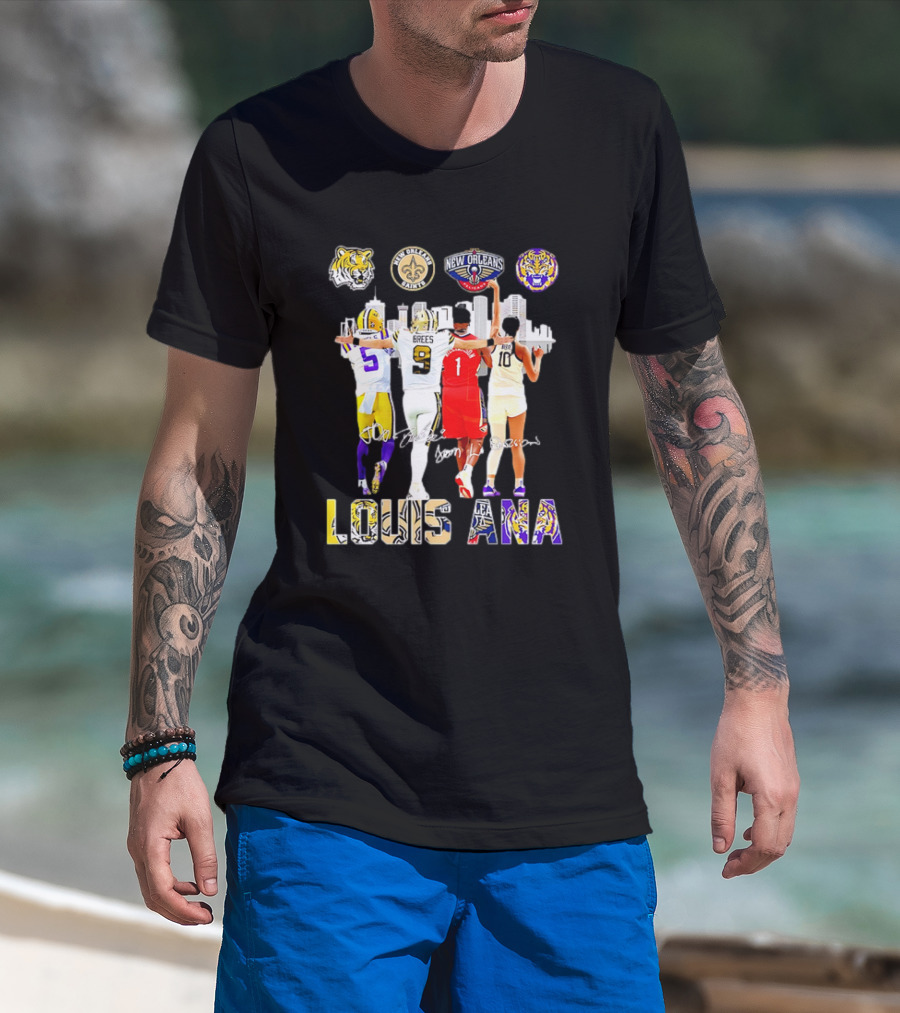 Louisiana Sports Teams 2025 Signatures Skyline Drew Brees Tiger Saint Pelican LSU T-Shirt