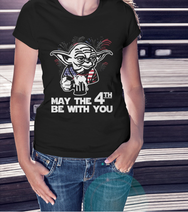 May The 4th Be With You Yoda American Flag Fireworks T-Shirt
