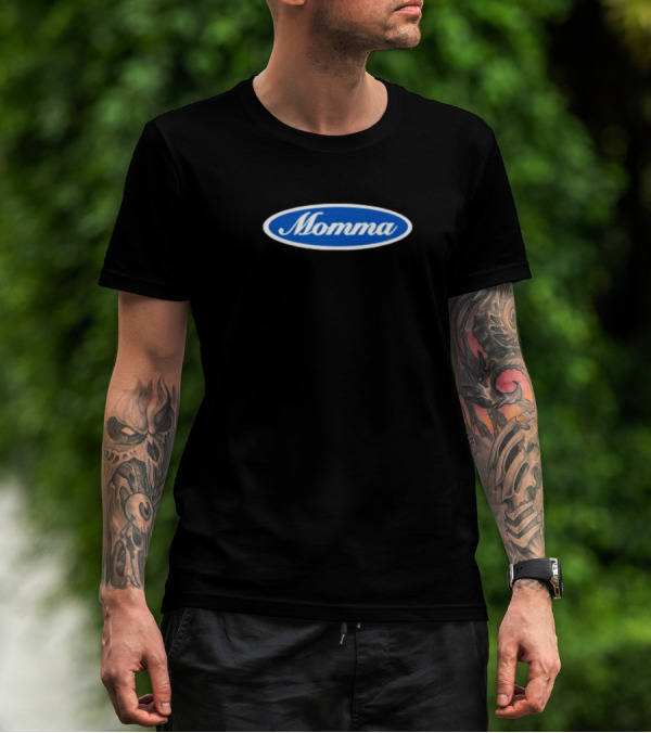 Momma Blue Oval White Script Text T-Shirt