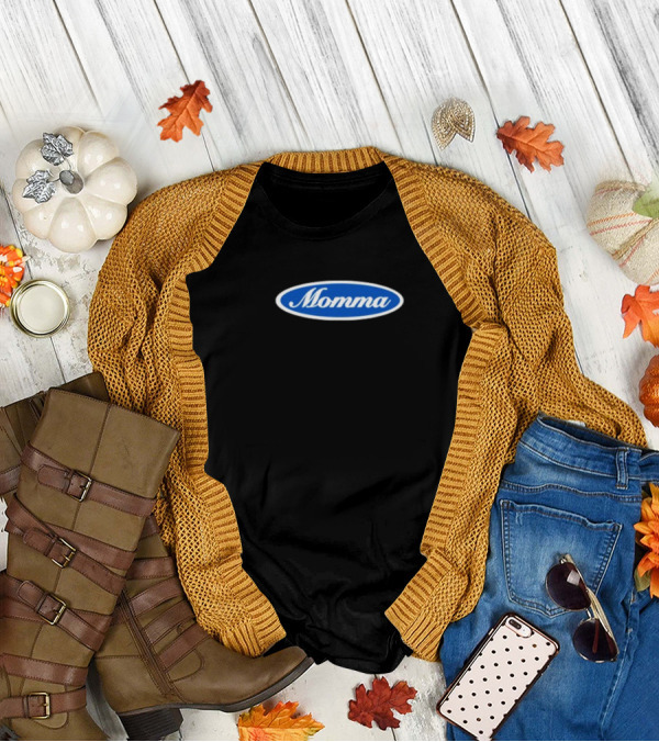 Momma Blue Oval White Script Text T-Shirt