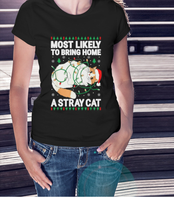 Most Likely To Bring Home A Stray Cat Christmas Lights Santa Hat Festive Holiday Cat T-Shirt