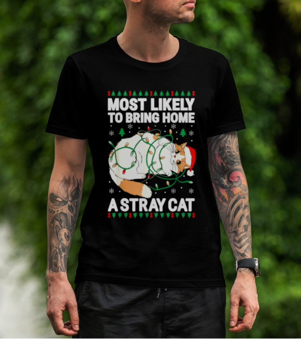Most Likely To Bring Home A Stray Cat Christmas Lights Santa Hat Festive Holiday Cat T-Shirt