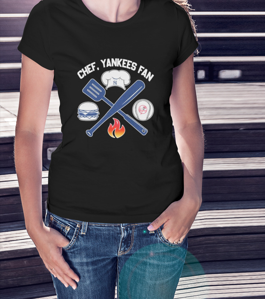 Chef Yankees Fan Hamburgers BBQ Baseball Cap Crossed Spatula Bat Fire Icon T-Shirt