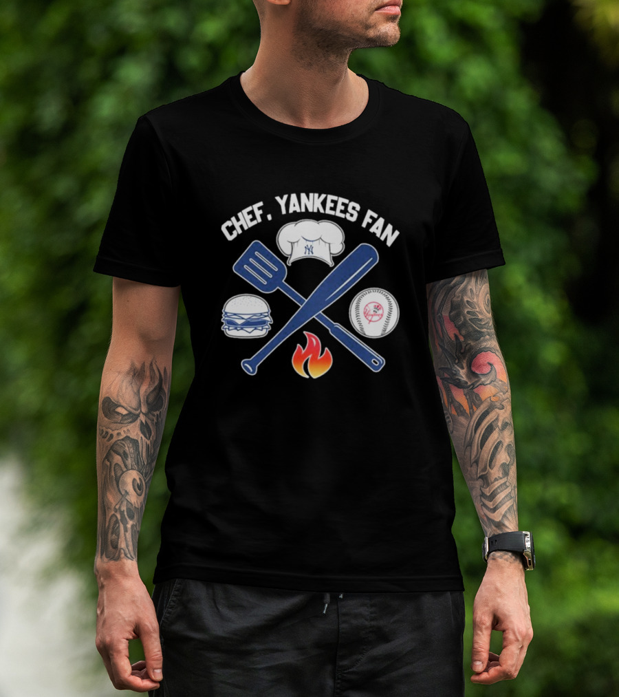 Chef Yankees Fan Hamburgers BBQ Baseball Cap Crossed Spatula Bat Fire Icon T-Shirt