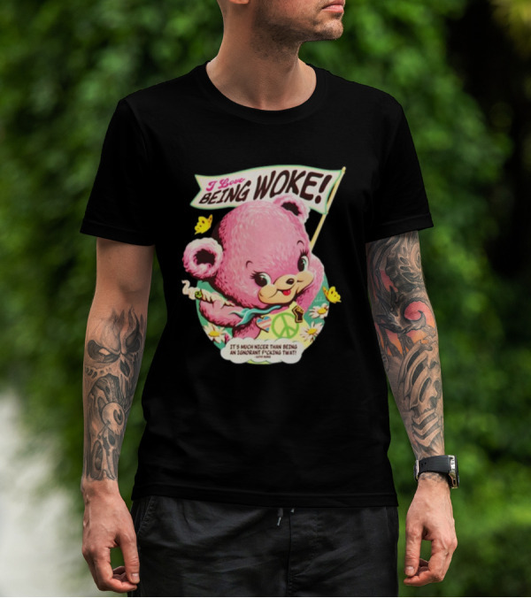 I Love Being Woke Cute Pink Bear Peace Symbol Butterflies T-Shirt