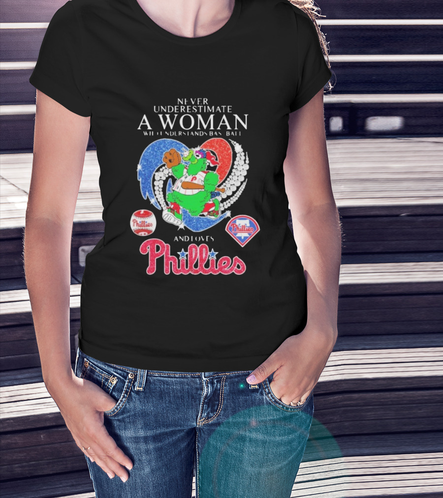 Never Underestimate A Woman Who Understands Baseball And Loves Phillies Mascot Diamond Heart T-Shirt