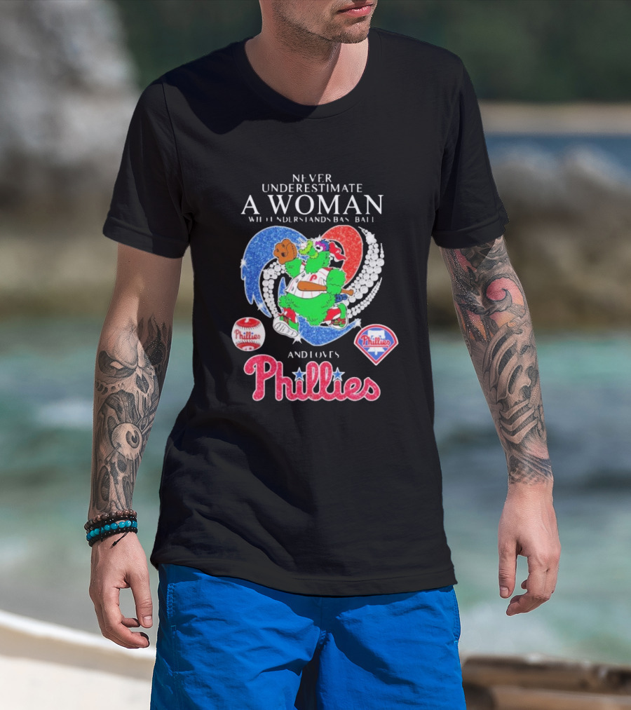 Never Underestimate A Woman Who Understands Baseball And Loves Phillies Mascot Diamond Heart T-Shirt