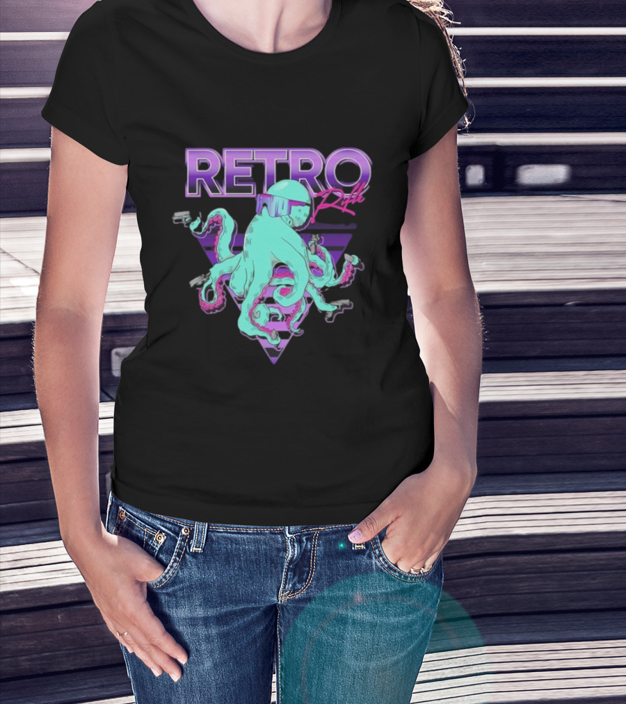 Retro Rifle Octoglock Neon Octopus With Guns And Sunglasses T-Shirt