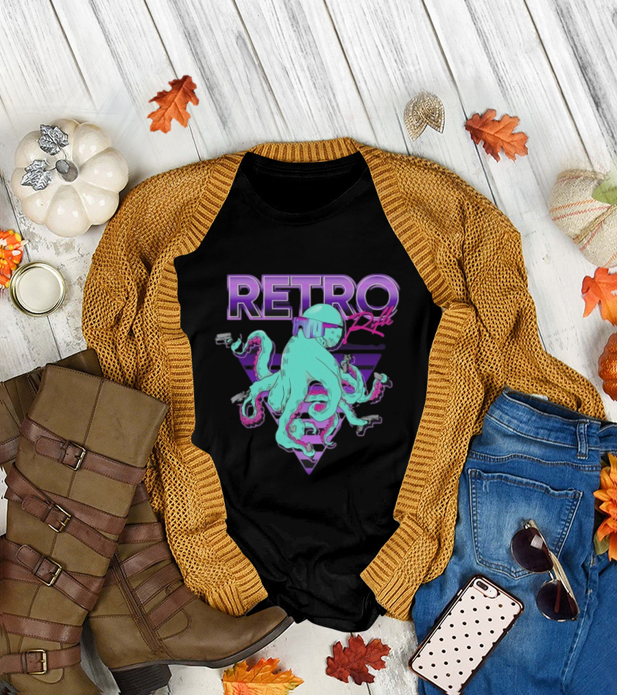 Retro Rifle Octoglock Neon Octopus With Guns And Sunglasses T-Shirt