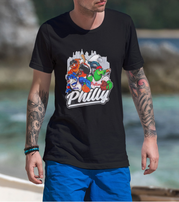Philly Sports Mascots Basketball Baseball Hockey City Skyline T-Shirt