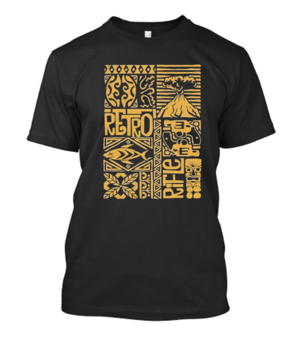 Retro Rifle Lei Em Down Pacific Island Tiki Volcano Palm Tree Ocean Waves Design T-Shirt