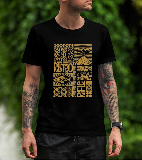 Retro Rifle Lei Em Down Pacific Island Tiki Volcano Palm Tree Ocean Waves Design T-Shirt