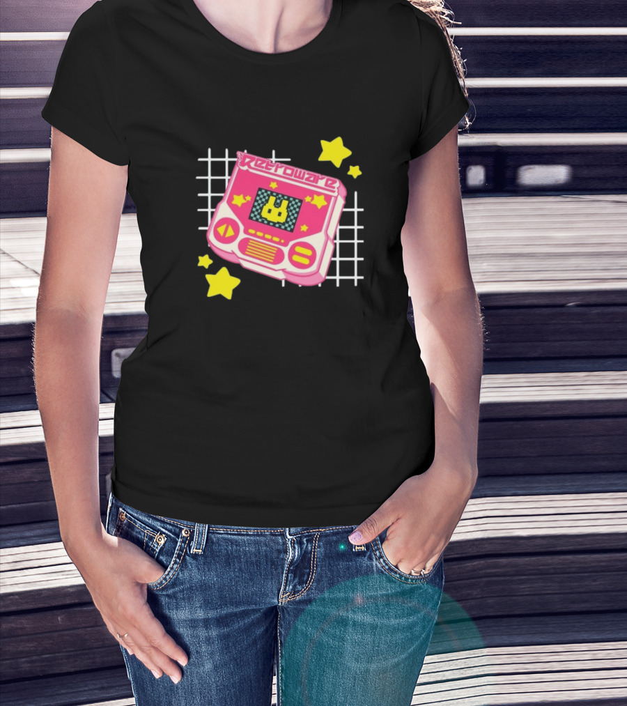 RetroWare Handheld Pink Star Arcade Pixel Bunny Game Typography T-Shirt