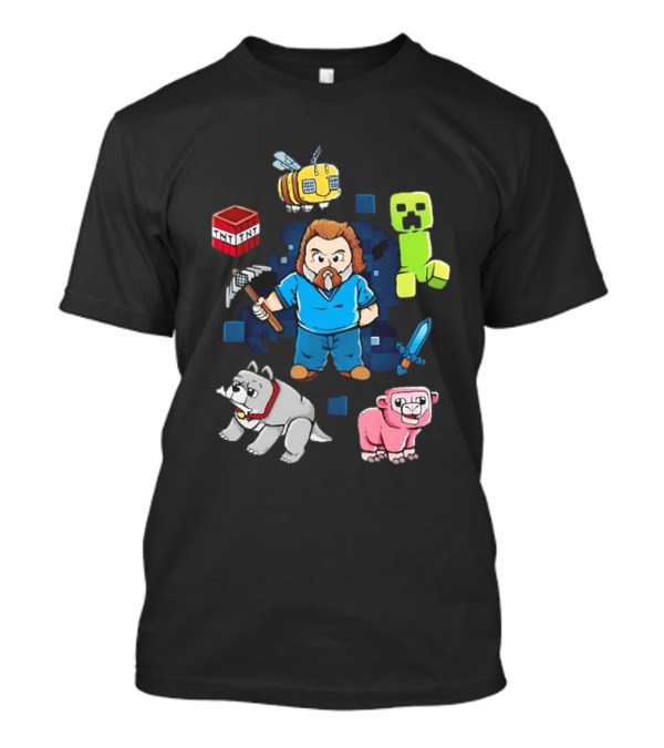 Pixel World Game Character With Animals And Tools Skyblock Adventure T-Shirt