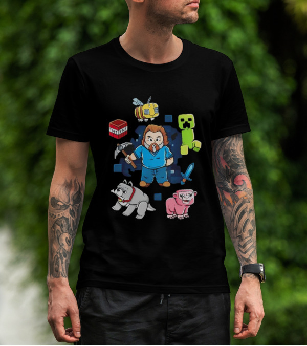 Pixel World Game Character With Animals And Tools Skyblock Adventure T-Shirt