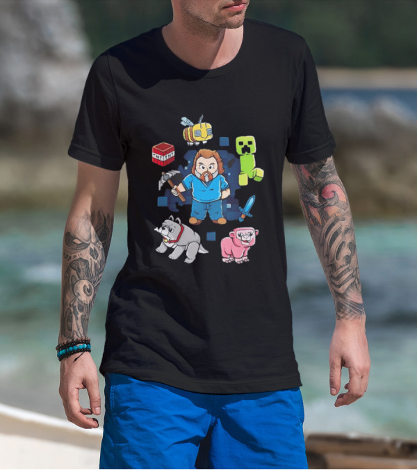 Pixel World Game Character With Animals And Tools Skyblock Adventure T-Shirt