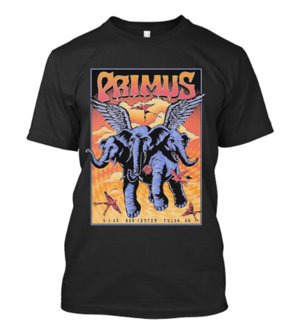 Primus Event Show F4D Studios May 1 2025 Tulsa BOK Center Winged Blue Elephants And Orange Sky Art T-Shirt