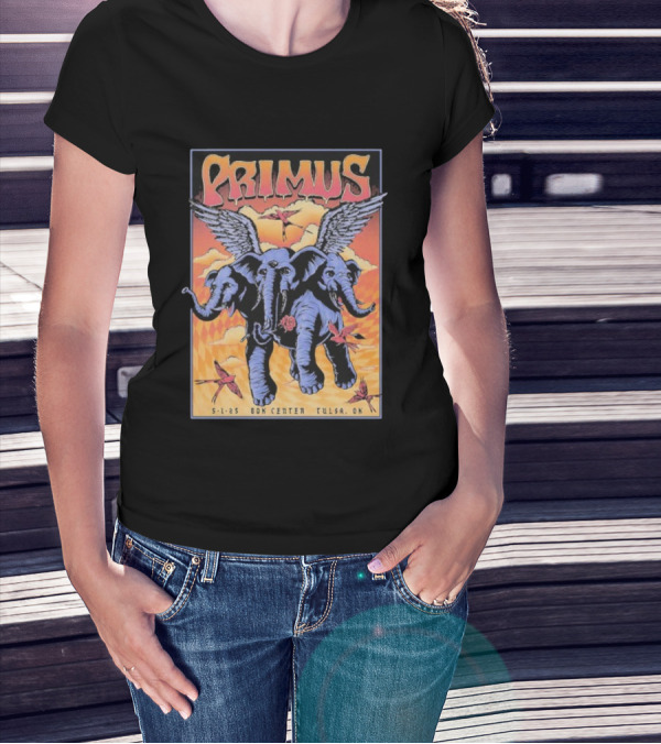 Primus Event Show F4D Studios May 1 2025 Tulsa BOK Center Winged Blue Elephants And Orange Sky Art T-Shirt