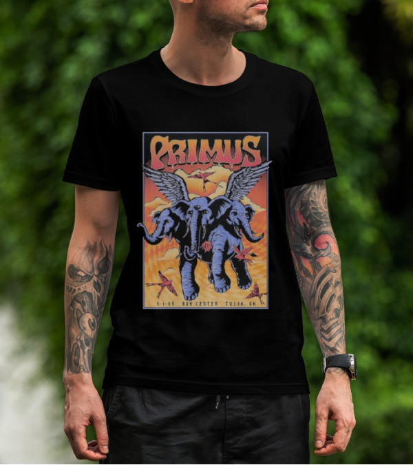 Primus Event Show F4D Studios May 1 2025 Tulsa BOK Center Winged Blue Elephants And Orange Sky Art T-Shirt