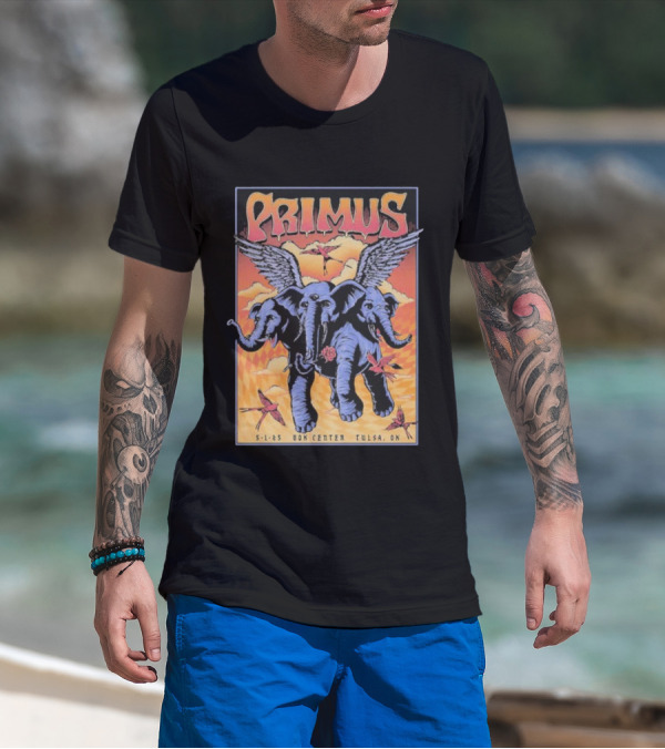 Primus Event Show F4D Studios May 1 2025 Tulsa BOK Center Winged Blue Elephants And Orange Sky Art T-Shirt