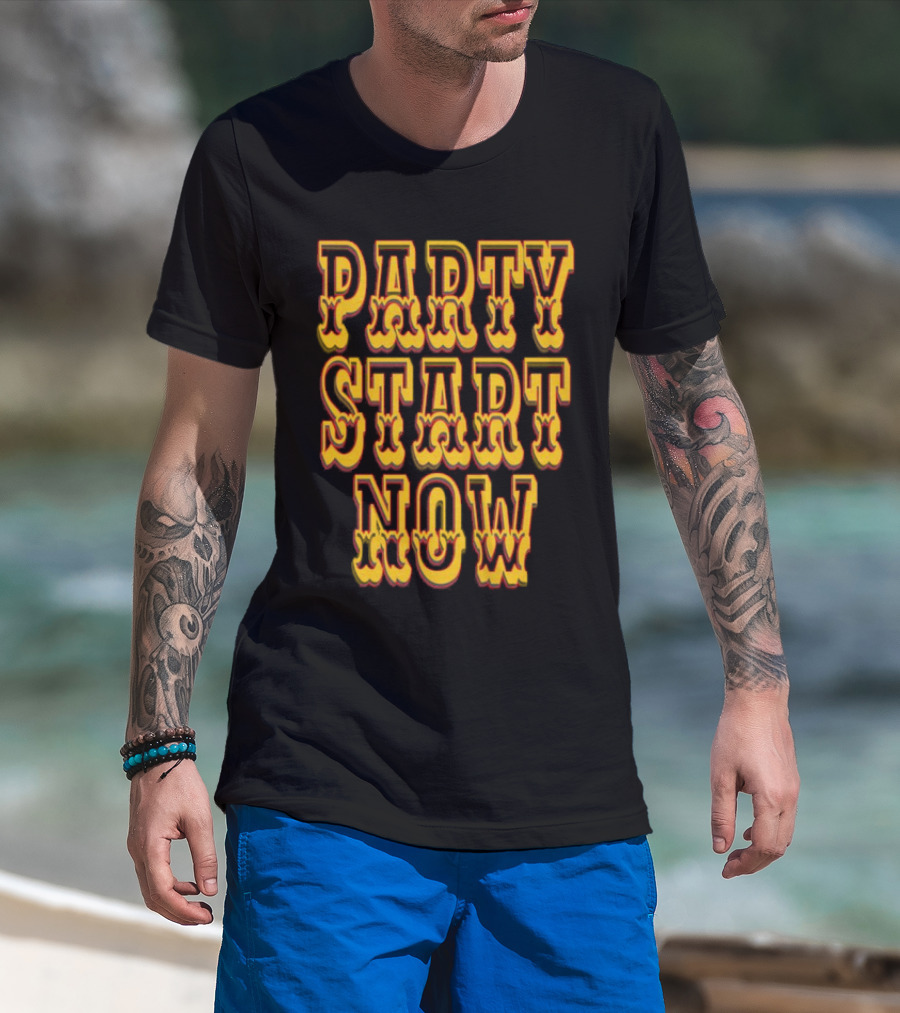 PARTY START NOW Bold Yellow Red Vintage Style T-Shirt