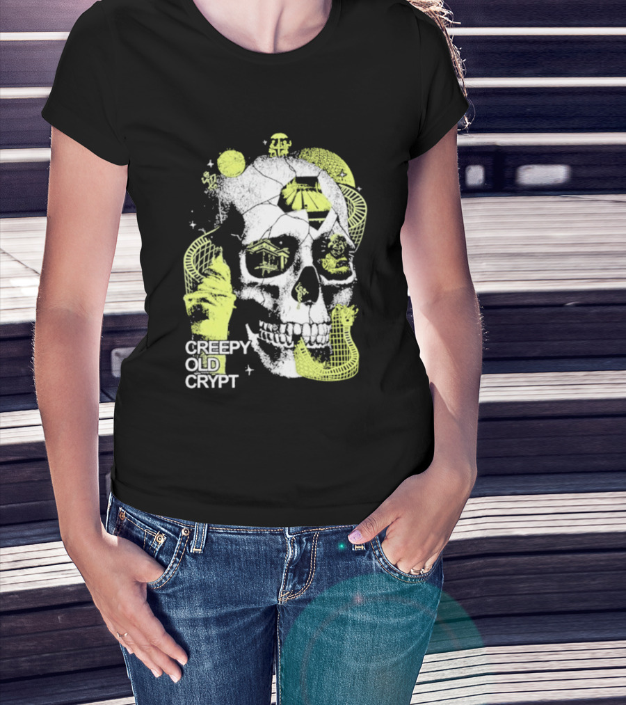 Rocco Botte Creepy Old Crypt Skull Neon Aesthetic T-Shirt