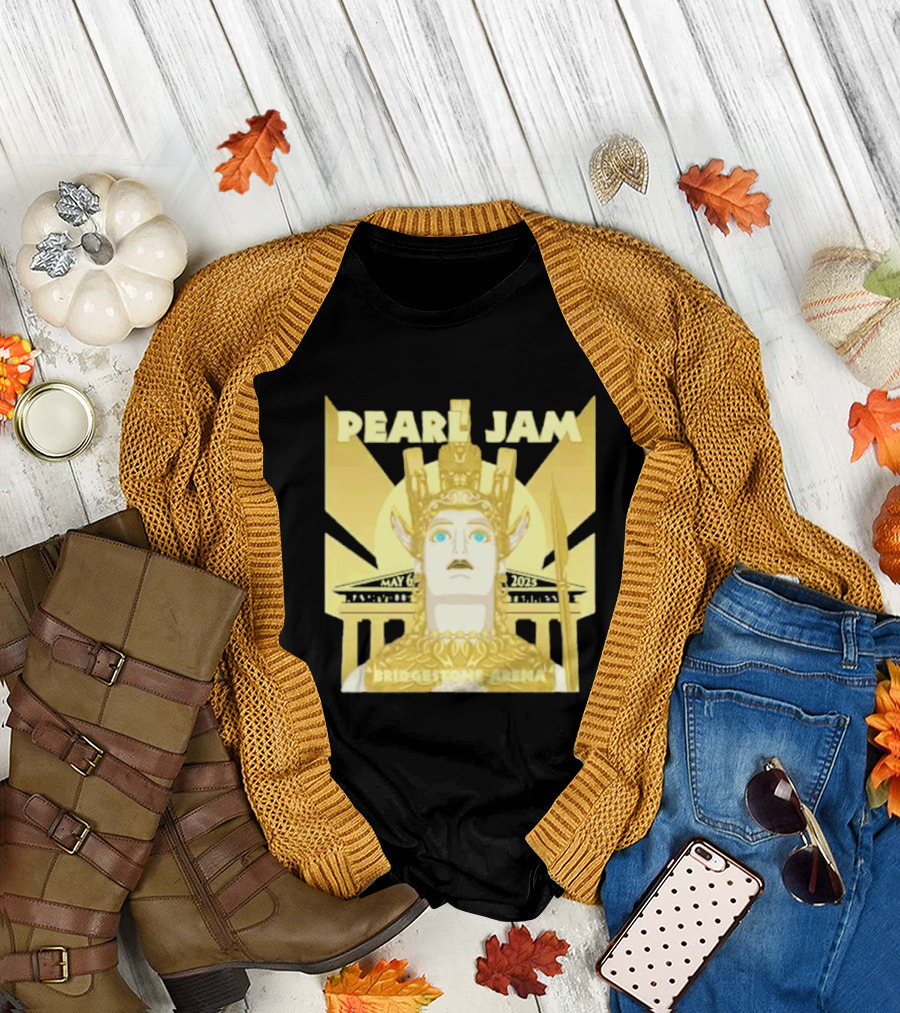Pearl Jam Nashville TN Dark Matter World Tour 2025 Bridgestone Arena May 6 Event Athena Gold Warrior Helmet Design T-Shirt