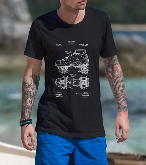 Roller Skate Patent Drawing With Adjustable Shoe Mechanism And Wheel Assembly T-Shirt