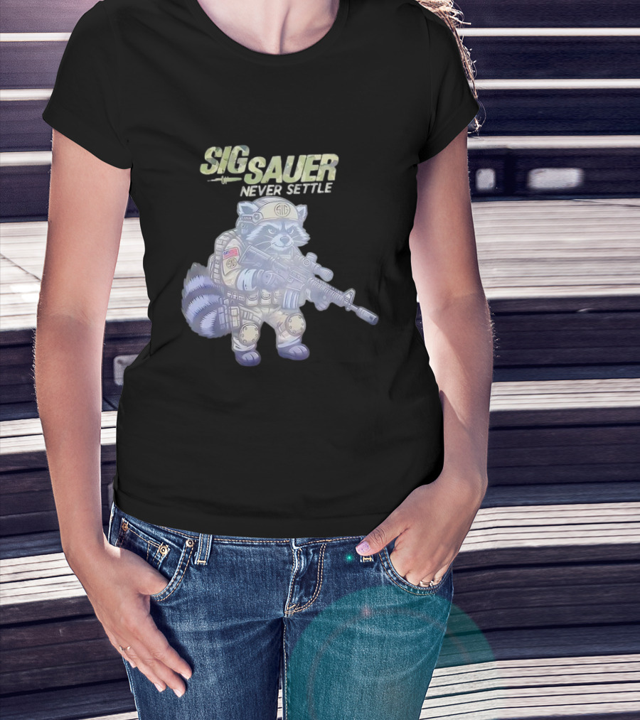 Raccoon Soldier Sig Sauer Never Settle Tactical Gear T-Shirt