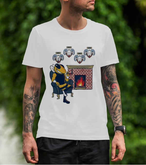GT Mantel Pocket Yellow Jacket By Fireplace With Ram Trophies T-Shirt