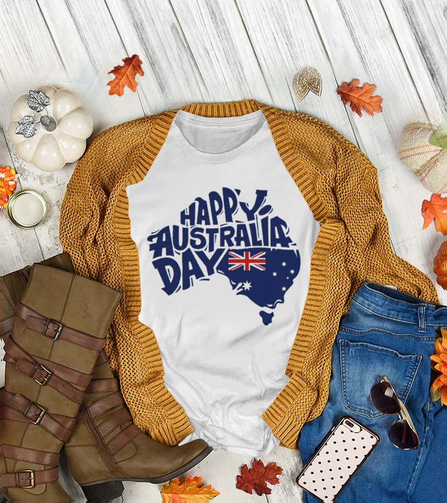 Happy Australia Day Map with Flag Inside Text T-Shirt