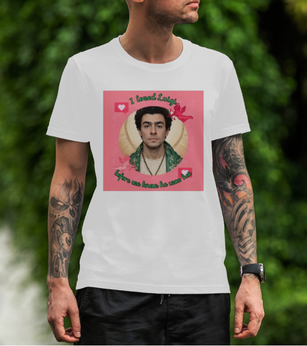 I Loved Luigi Before We Knew He Was Hot Pink Background Heart And Cupid Design T-Shirt