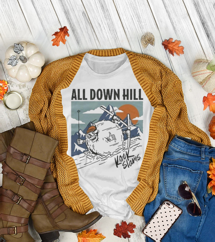 Kook Slams All Down Hill Skiing Adventure Orange Sunset Rugged Mountains T-Shirt