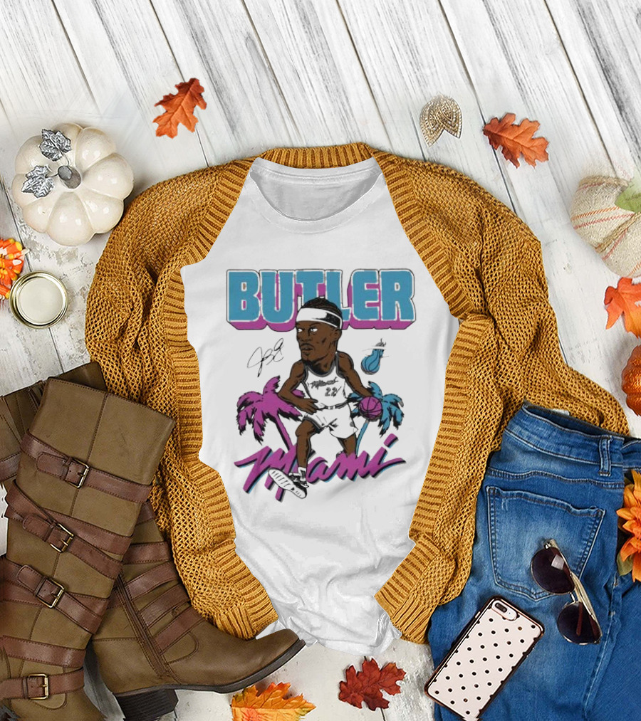 Butler Miami Basketball Caricature with Palm Trees and Flaming Ball T-Shirt