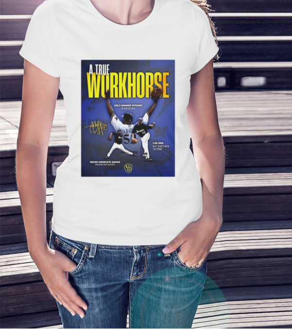 A True Workhorse Milwaukee Brewers CC Sabathia 130.2 Innings 82 Days 1.65 ERA Seven Complete Games Signature T-Shirt