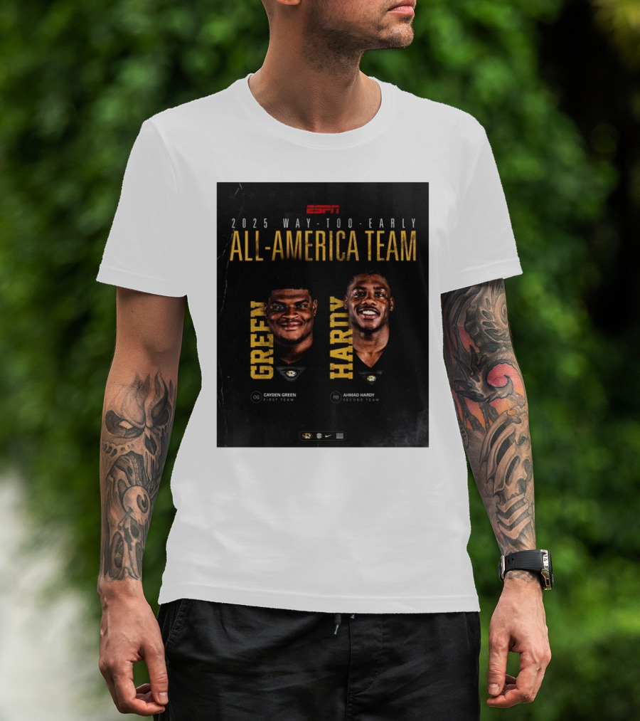 ESPN 2025 Way-Too-Early All-America Team Cayden Green Ahmad Hardy Missouri Tigers T-Shirt