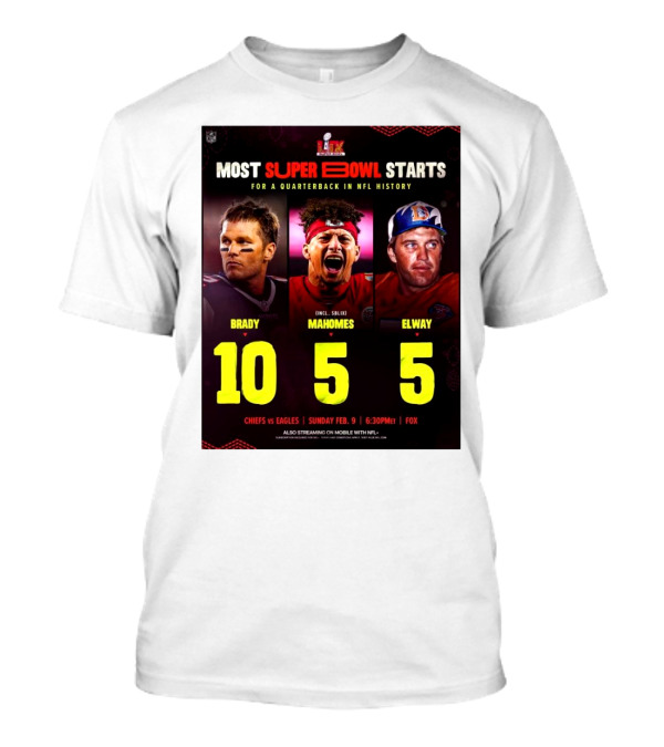 Most Super Bowl Starts For A Quarterback In NFL History Brady 10 Mahomes 5 Elway 5 Chiefs Vs Eagles Feb 9 6:30 PM Fox T-Shirt