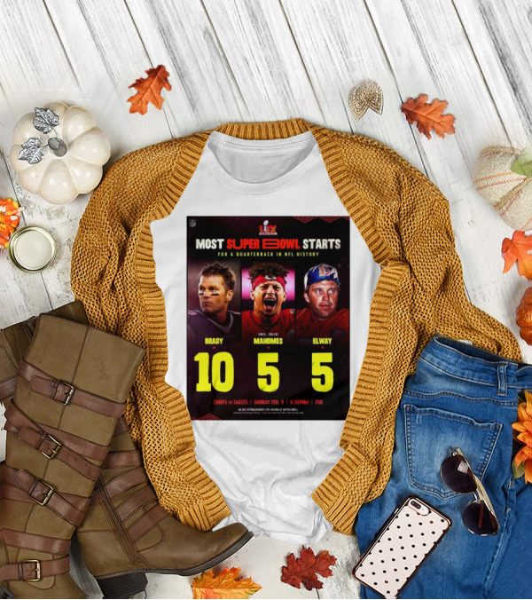 Most Super Bowl Starts For A Quarterback In NFL History Brady 10 Mahomes 5 Elway 5 Chiefs Vs Eagles Feb 9 6:30 PM Fox T-Shirt