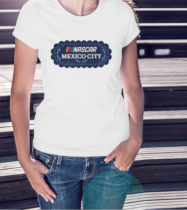NASCAR Mexico City Scalloped Emblem With Colorful Stripes On Blue Background T-Shirt