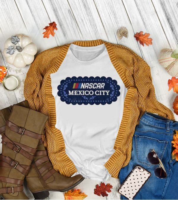 NASCAR Mexico City Scalloped Emblem With Colorful Stripes On Blue Background T-Shirt
