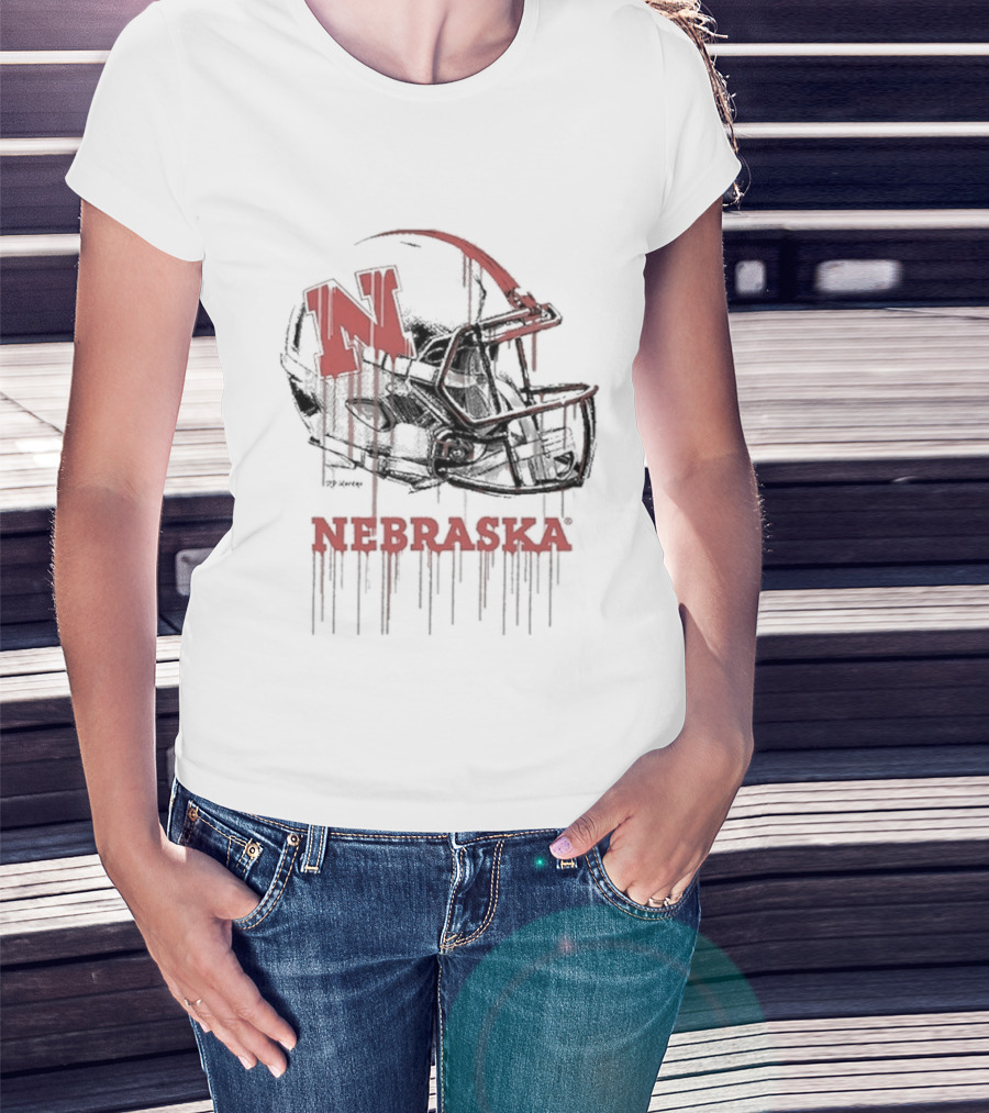 Nebraska Huskers N Dripping Football Helmet T-Shirt